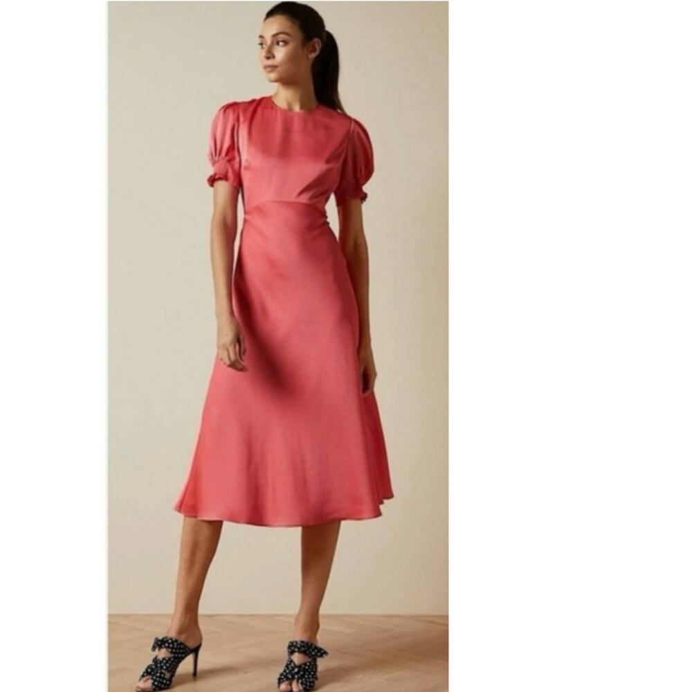 Ted Baker Textured Satin Midi Dress Size 12 Coral Pink Puff Sleeve modest chic